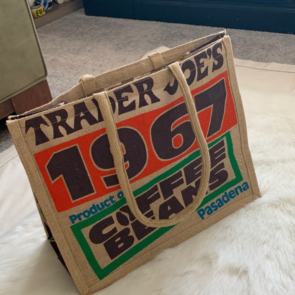 Trader Joe's Vintage Style Tan Tote Bag 100% Jute Bag 100% Cotton Handle LARGE